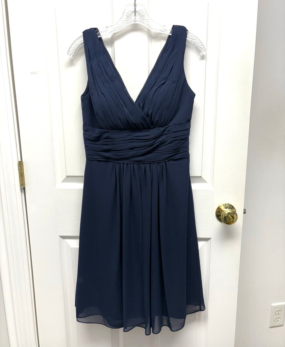 Bill Levkoff Dress Cocktail Navy V Neck Fit Flare Ruched Lined Cups Women’s 4
